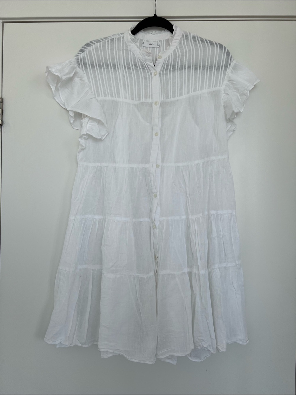 Mango White Tiered Button-Front Flowy Ruffle Sleeve Mini Dress US 4